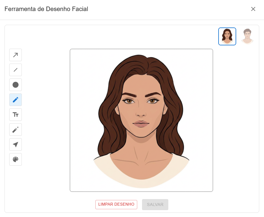 Tela real da ferramenta de desenho facial da Sorriso Soft, com rosto ilustrado e ferramentas de marcação